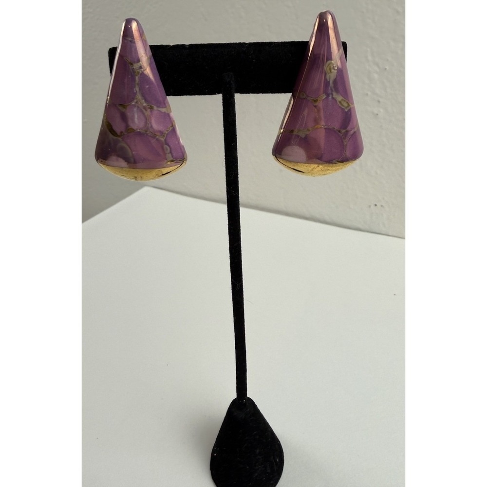 Vintage 80s Pink Gold Marbled Ceramic Triangle Statement Pierced Retro Earrings - Picture 7 of 9